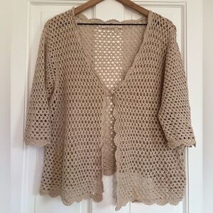 Norm Thompson Crochet Sweater Women's Tan Linen Blend Festival Cottagecore L